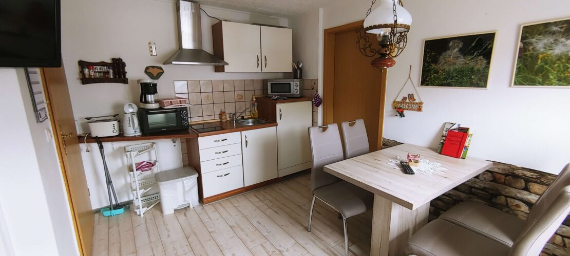 Geräumige Küche in Ferienwohnung in Hetschburg. Esstisch mit 4 Stühlen, Mikrowelle, Wsserkocher, Toaster, Herd, Kühlschrank. Gemütlich und voll ausgestattet für 4 Personen.